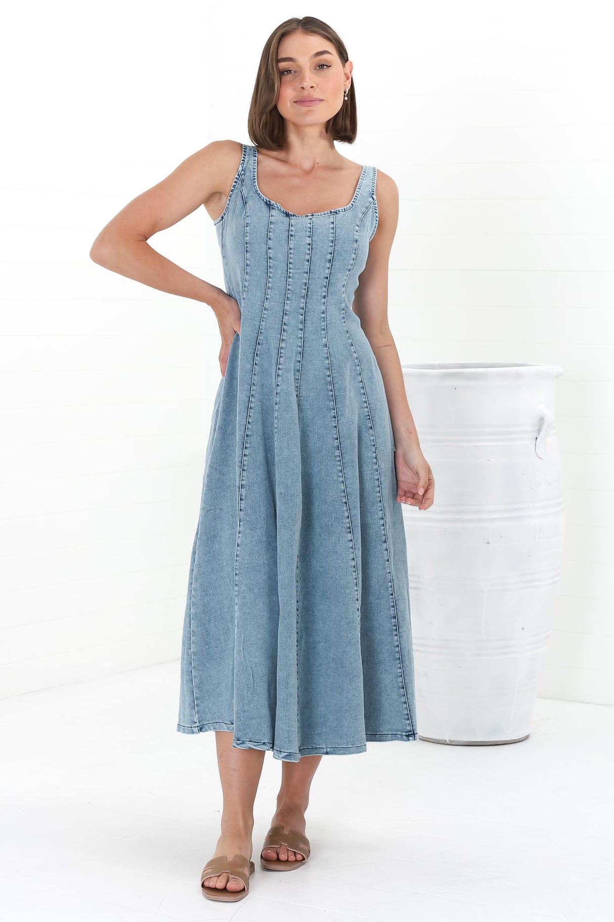 Jadely Midi Dress - Adjustable Strap A-Line Denim Sun Dress in Light Denim