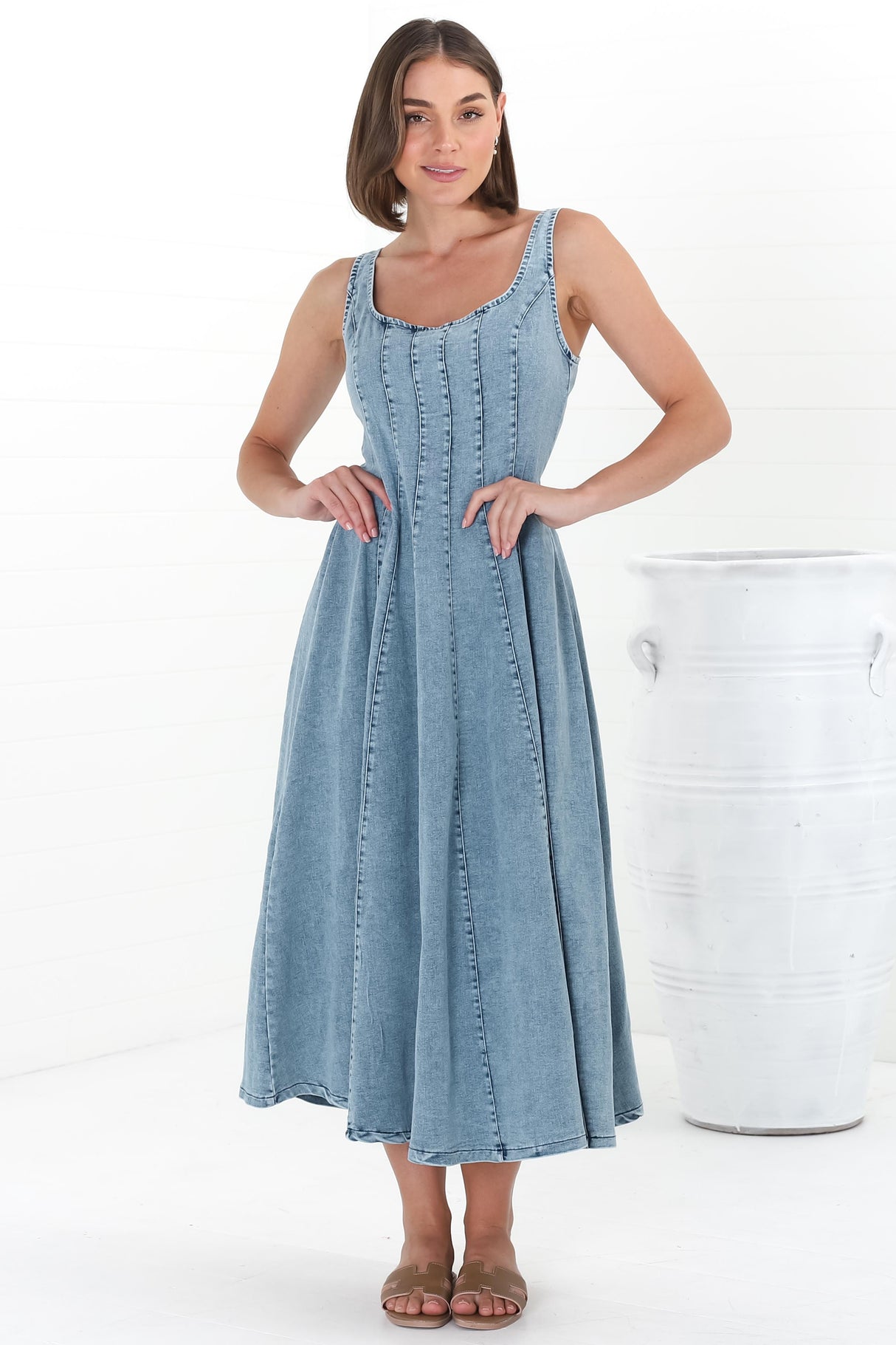 Jadely Midi Dress - Adjustable Strap A-Line Denim Sun Dress in Light Denim