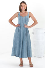 Jadely Midi Dress - Adjustable Strap A-Line Denim Sun Dress in Light Denim