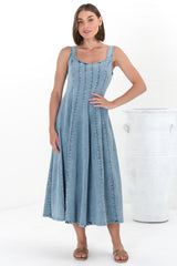 Jadely Midi Dress - Adjustable Strap A-Line Denim Sun Dress in Light Denim