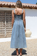 Jadely Midi Dress - Adjustable Strap A-Line Denim Sun Dress in Light Denim