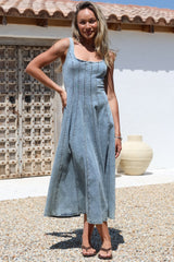 Jadely Midi Dress - Adjustable Strap A-Line Denim Sun Dress in Light Denim