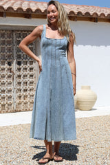Jadely Midi Dress - Adjustable Strap A-Line Denim Sun Dress in Light Denim