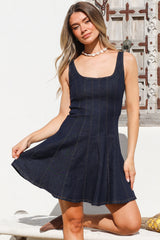 Jadely Mini Dress - Contrast Stitched Skater Denim Dress with Adjustable Straps in Dark Denim