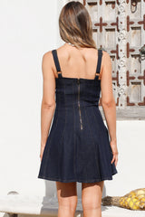 Jadely Mini Dress - Contrast Stitched Skater Denim Dress with Adjustable Straps in Dark Denim