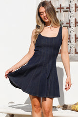 Jadely Mini Dress - Contrast Stitched Skater Denim Dress with Adjustable Straps in Dark Denim