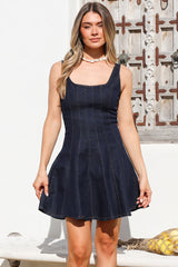 Jadely Mini Dress - Contrast Stitched Skater Denim Dress with Adjustable Straps in Dark Denim