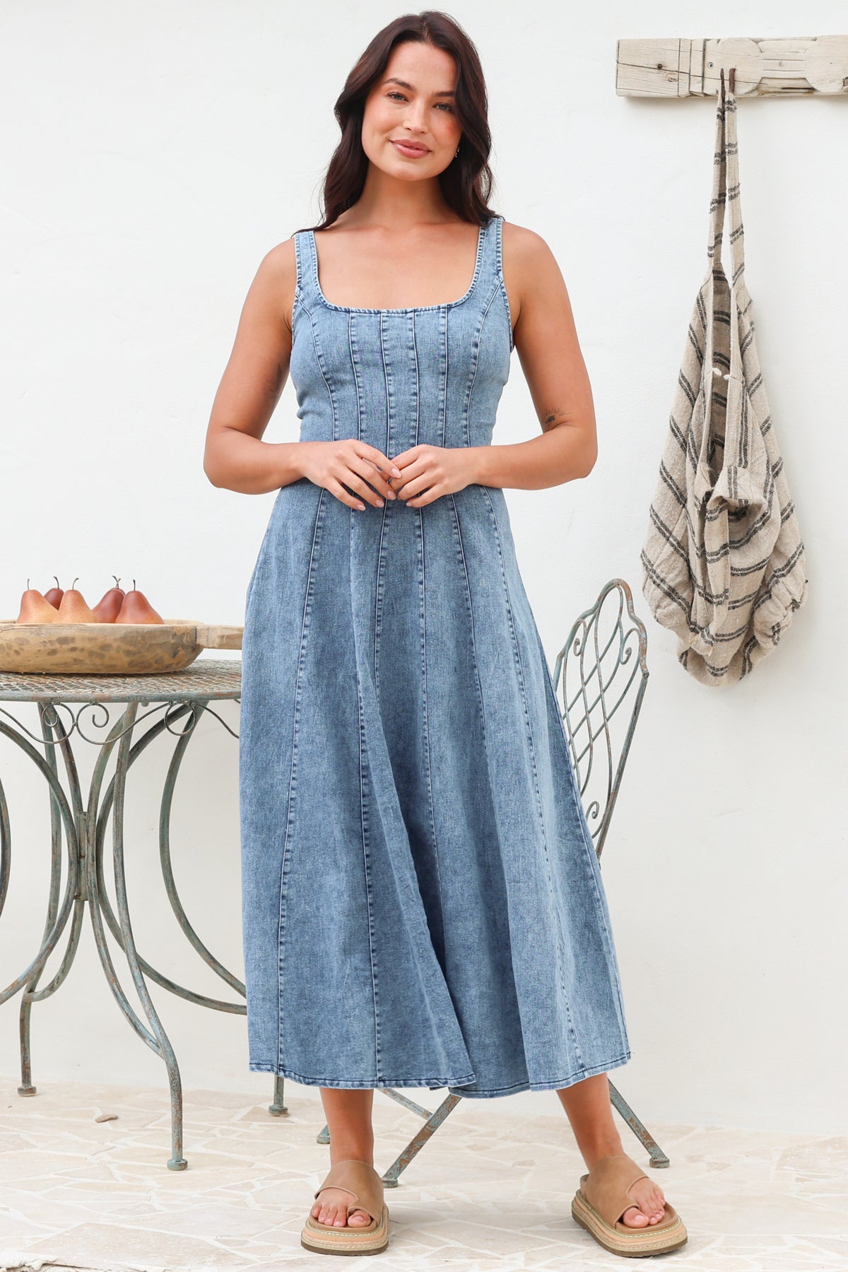 Jadely Midi Dress - Adjustable Strap A-Line Denim Sun Dress in Light Denim