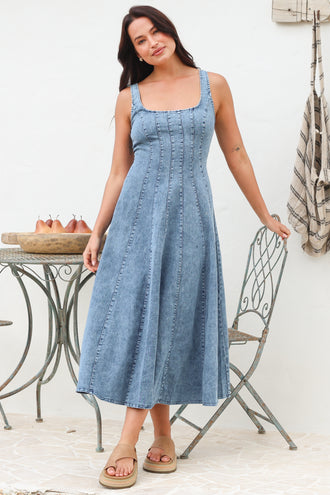 Model wearing Jadely Midi Dress in Light Denim from Salty Crush