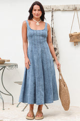 Jadely Midi Dress - Adjustable Strap A-Line Denim Sun Dress in Light Denim