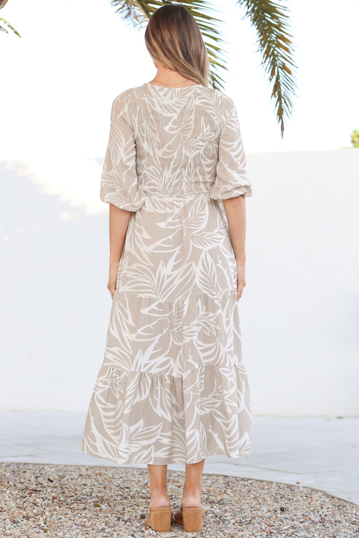 Jaden Midi Dress - Elasticated Bodice A-Line Dress in Jeani Print Beige