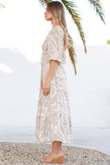 Jaden Midi Dress - Elasticated Bodice A-Line Dress in Jeani Print Beige
