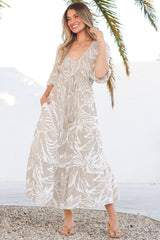 Jaden Midi Dress - Elasticated Bodice A-Line Dress in Jeani Print Beige