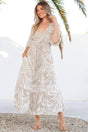 Model wearing Jaden Midi Dress in Jeani Print Beige from Salty Crush