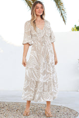 Jaden Midi Dress - Elasticated Bodice A-Line Dress in Jeani Print Beige
