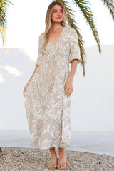Jaden Midi Dress - Elasticated Bodice A-Line Dress in Jeani Print Beige
