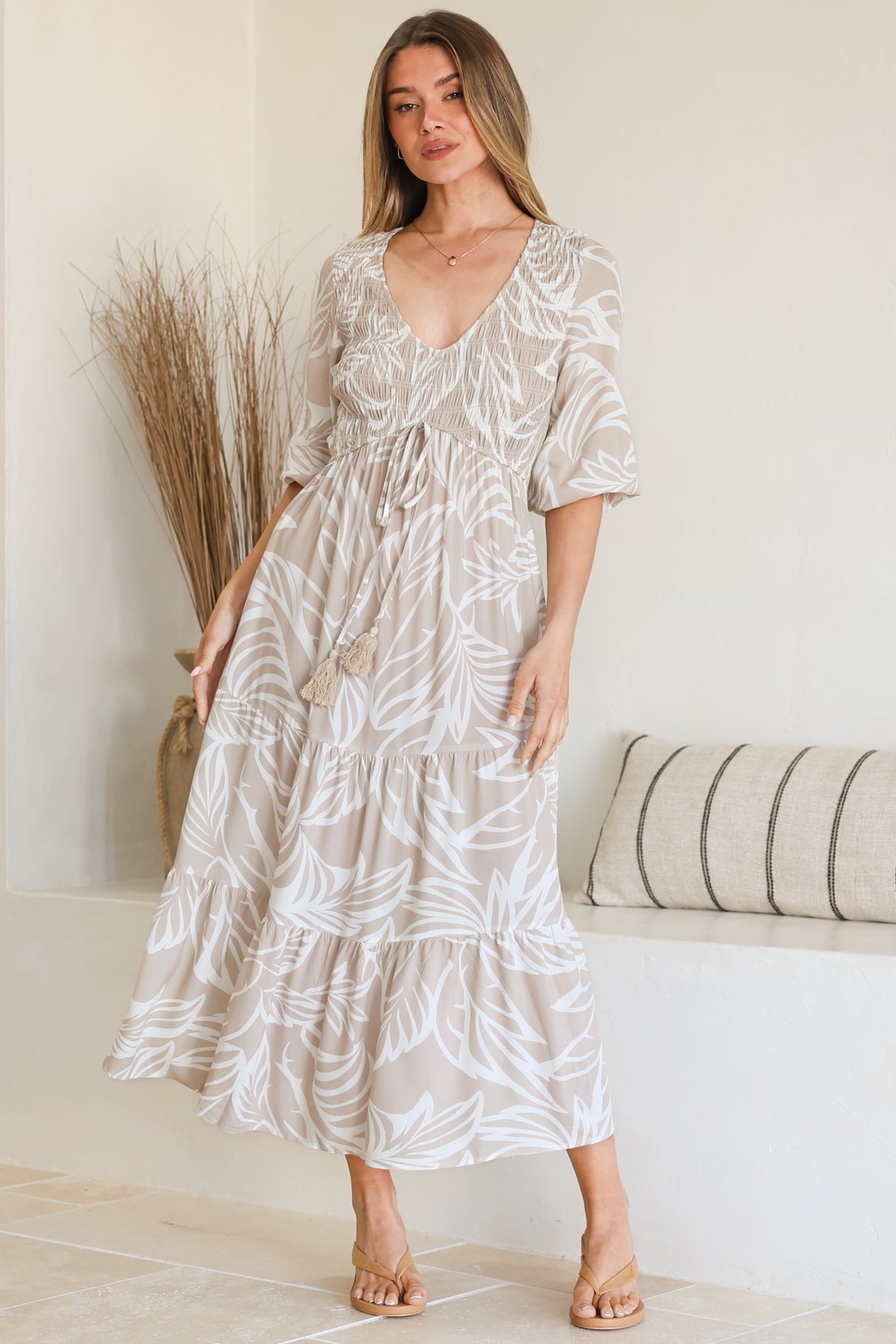 Jaden Midi Dress - Elasticated Bodice A-Line Dress in Jeani Print Beige