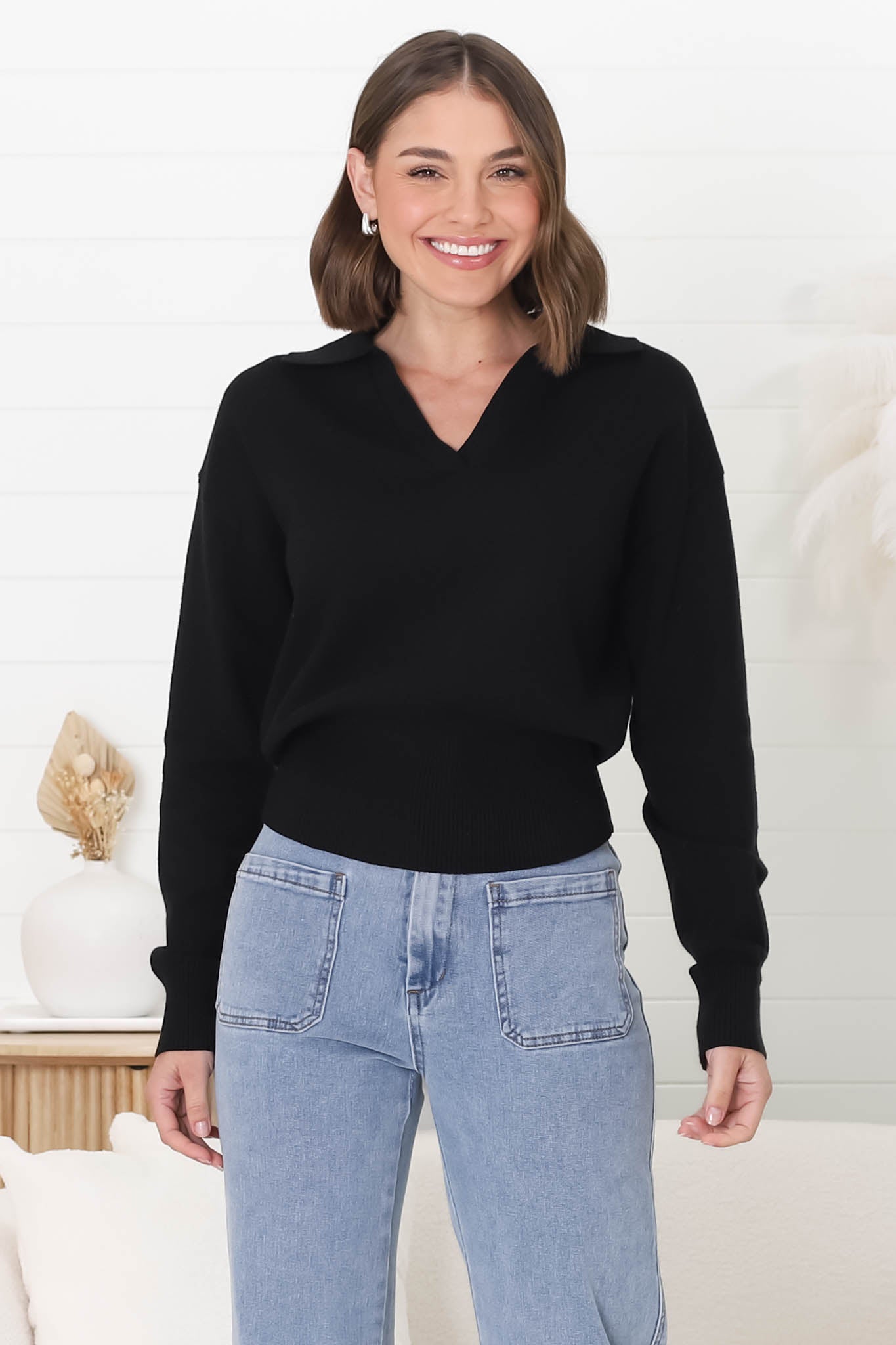 Jamerson Jumper - Collared V Neck Ribbed Hem Jumper in Black