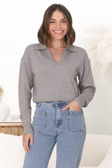 Jamerson Jumper - Collared V Neck Ribbed Hem Jumper in Grey