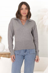 Jamerson Jumper - Collared V Neck Ribbed Hem Jumper in Grey