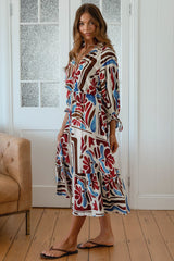 JAASE - Jamie Midi Dress: V-Neck Buttoned Bodice 3/4 Sleeve Dress in Artisan Print