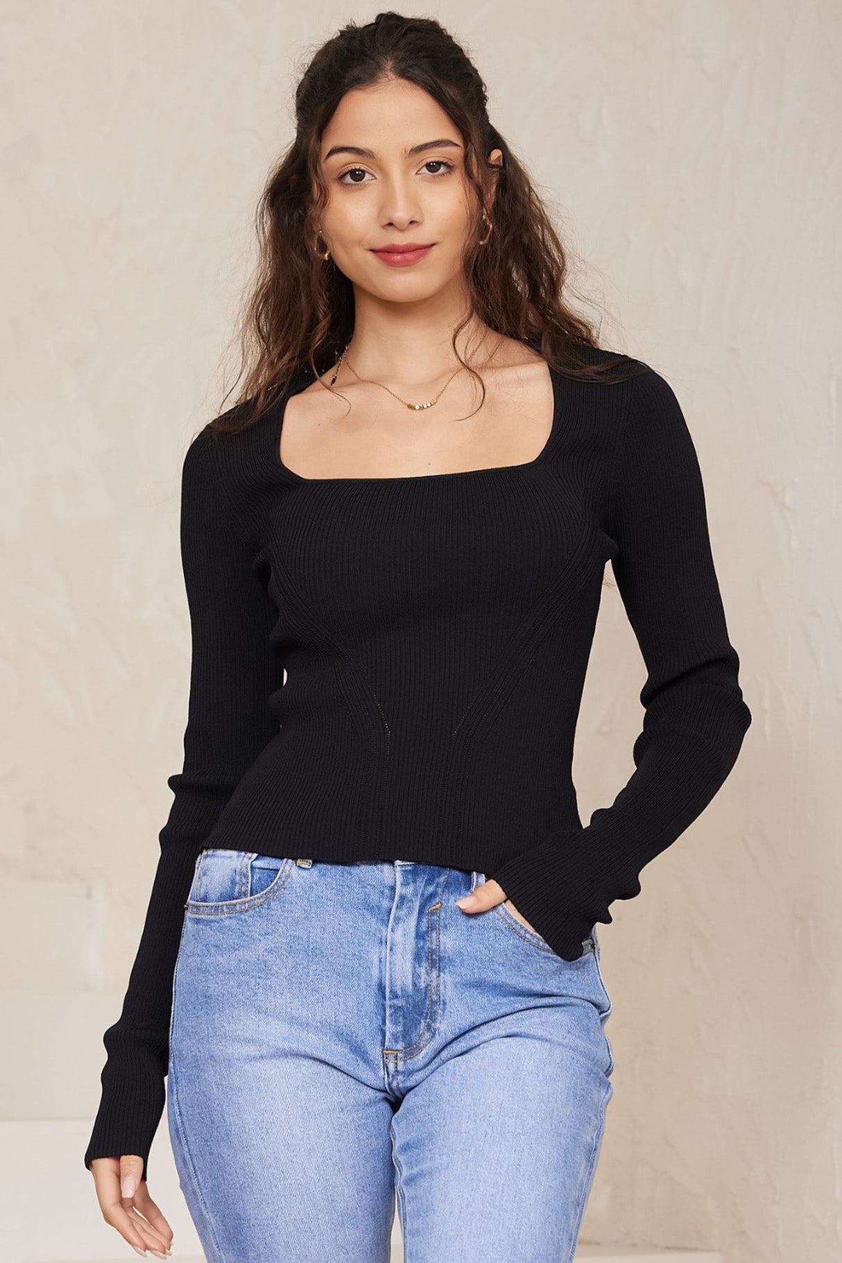 Jane Jumper - Square Neckline Ribbed Knit in Black