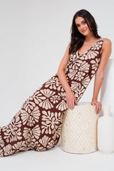 Janeen Maxi Dress - A-Line Sleeveless Dress with Side Splits in Lunie Print Chocolate