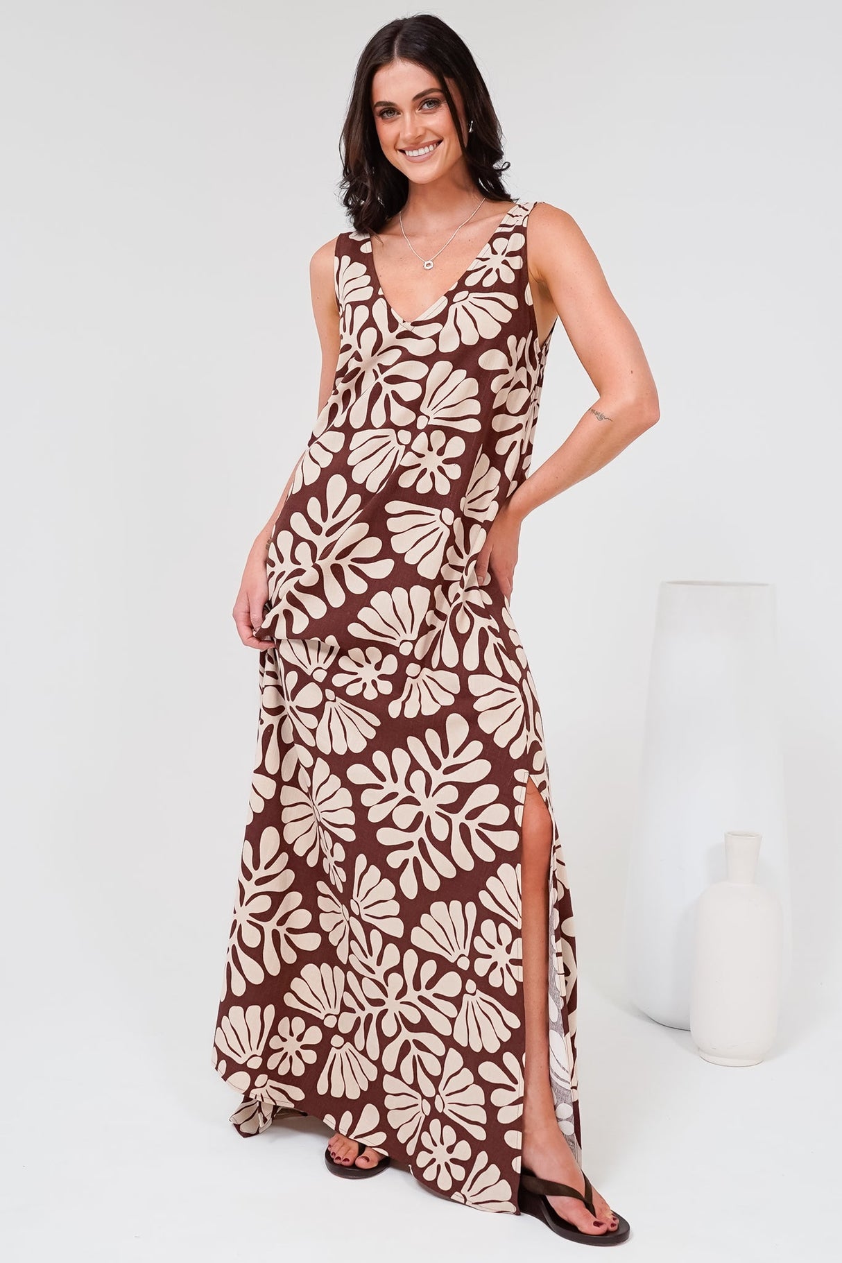 Janeen Maxi Dress - A-Line Sleeveless Dress with Side Splits in Lunie Print Chocolate