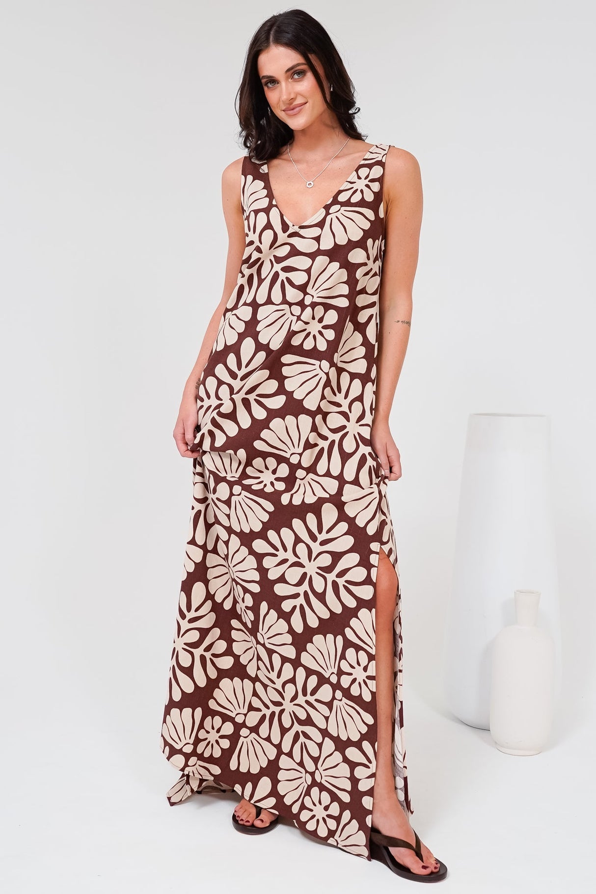 Janeen Maxi Dress - A-Line Sleeveless Dress with Side Splits in Lunie Print Chocolate