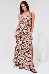 Janeen Maxi Dress - A-Line Sleeveless Dress with Side Splits in Lunie Print Chocolate