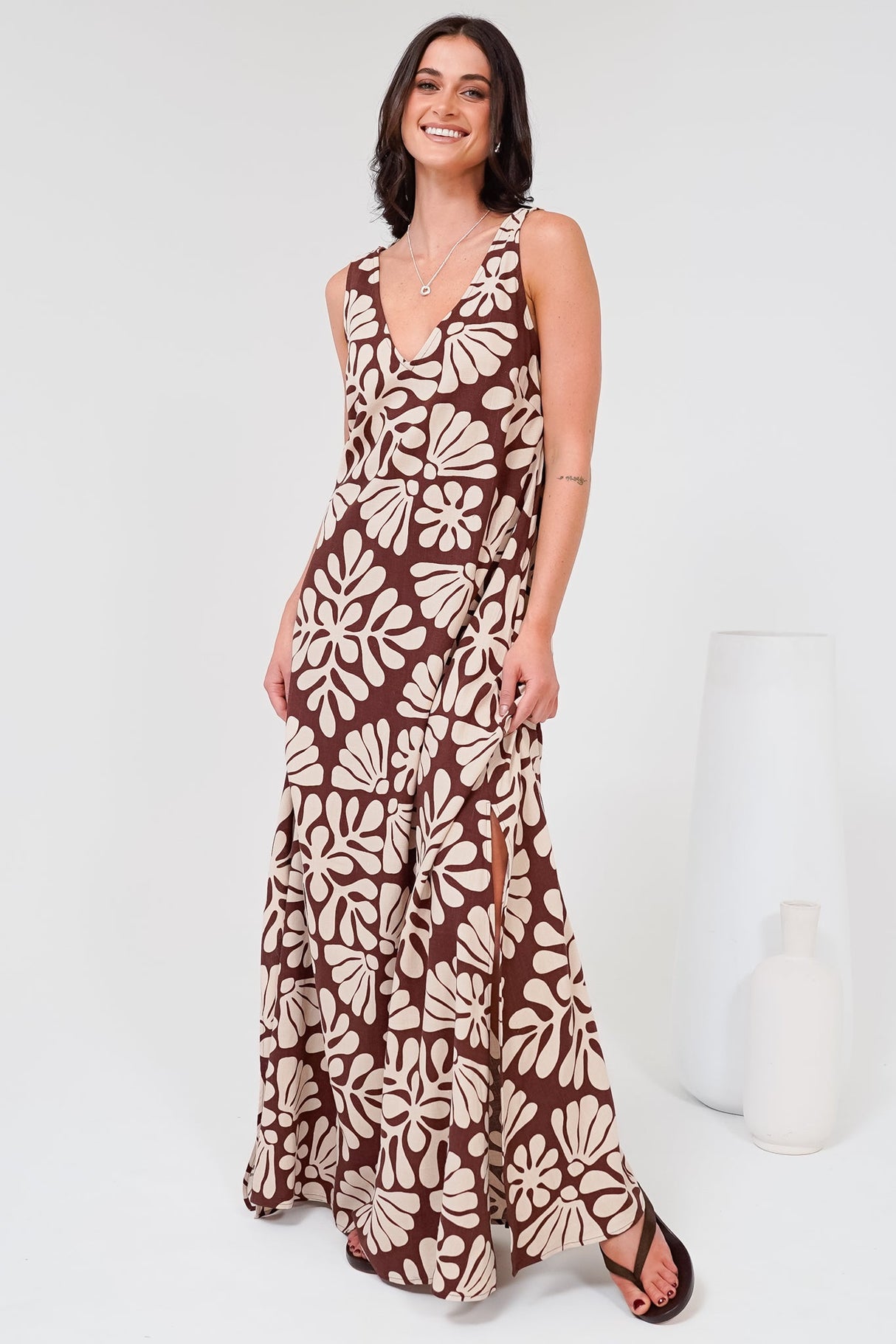 Janeen Maxi Dress - A-Line Sleeveless Dress with Side Splits in Lunie Print Chocolate