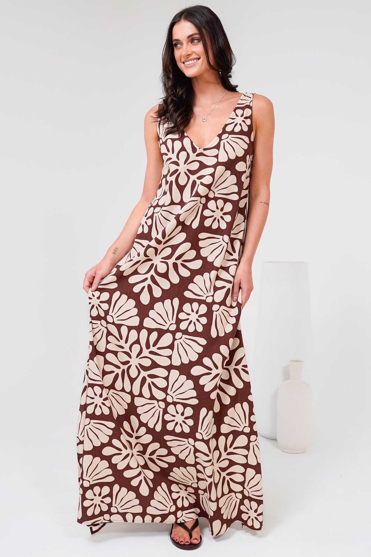 Janeen Maxi Dress - A-Line Sleeveless Dress with Side Splits in Lunie Print Chocolate