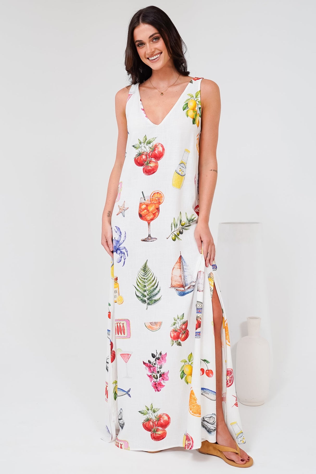 Janeen Maxi Dress - A-Line Sleeveless Dress with Side Splits in Paradisa Print