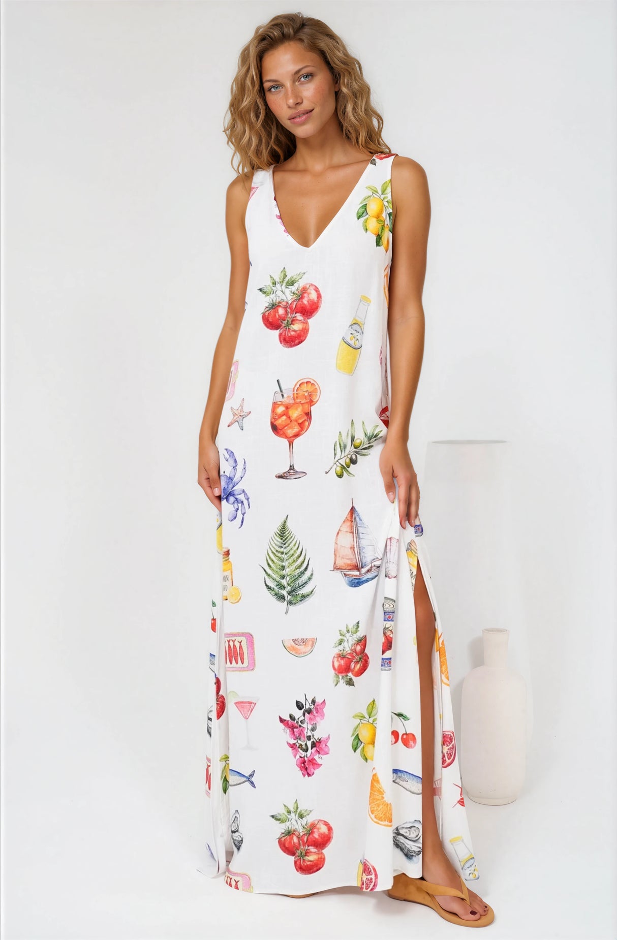 Janeen Maxi Dress - A-Line Sleeveless Dress with Side Splits in Paradisa Print