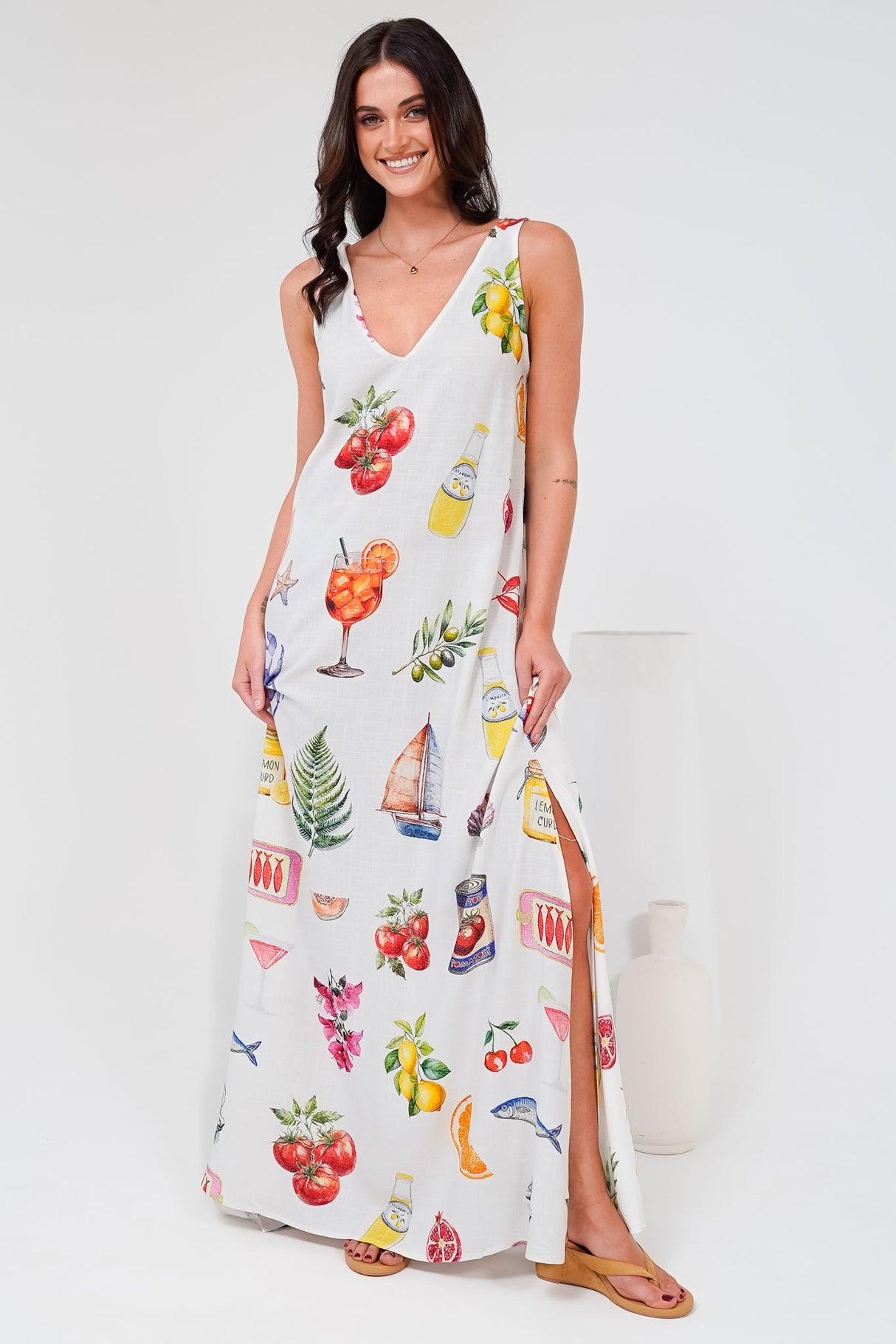 Janeen Maxi Dress - A-Line Sleeveless Dress with Side Splits in Paradisa Print