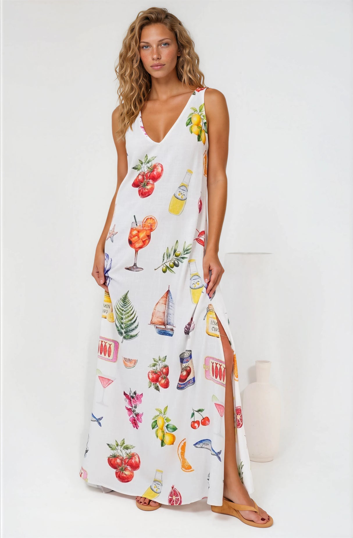 Janeen Maxi Dress - A-Line Sleeveless Dress with Side Splits in Paradisa Print