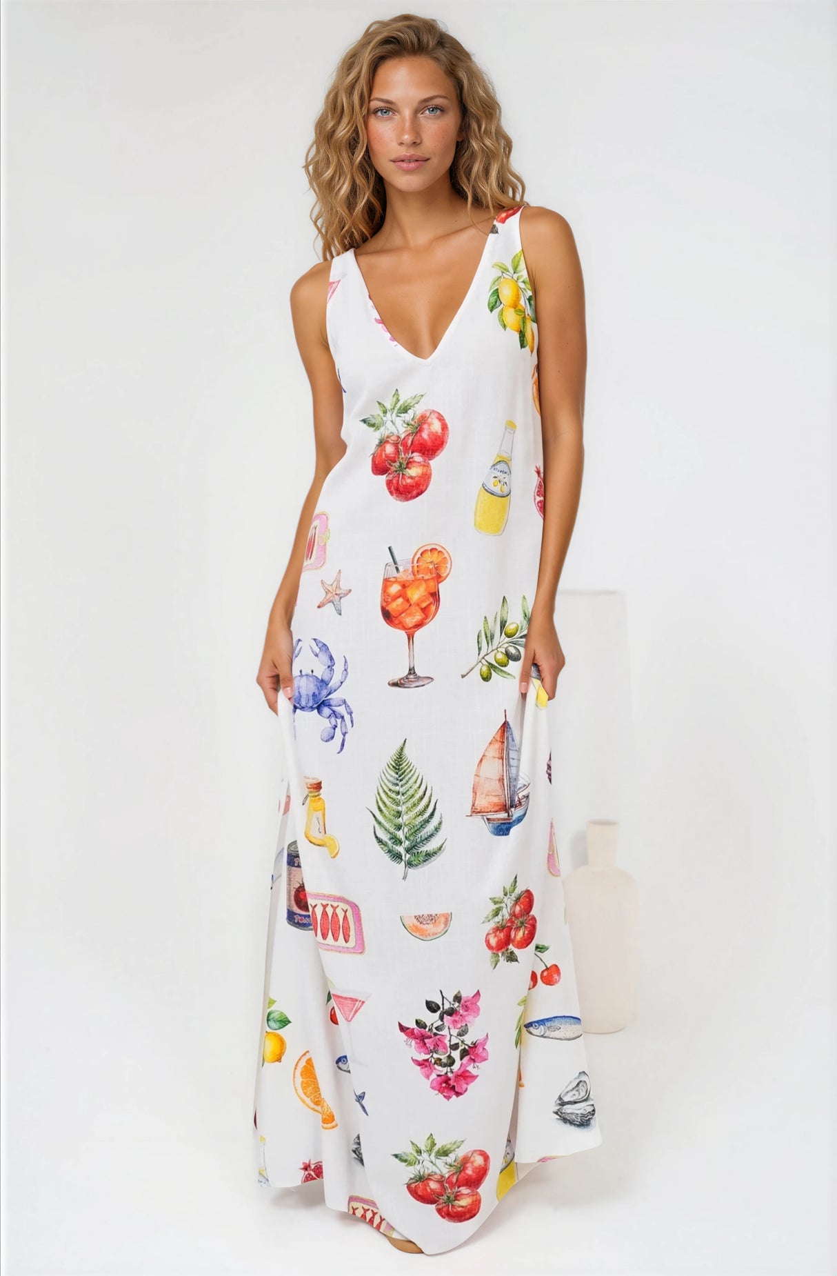 Janeen Maxi Dress - A-Line Sleeveless Dress with Side Splits in Paradisa Print