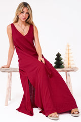 Janeen Maxi Dress - A-Line Sleeveless Dress with Side Splits in Red