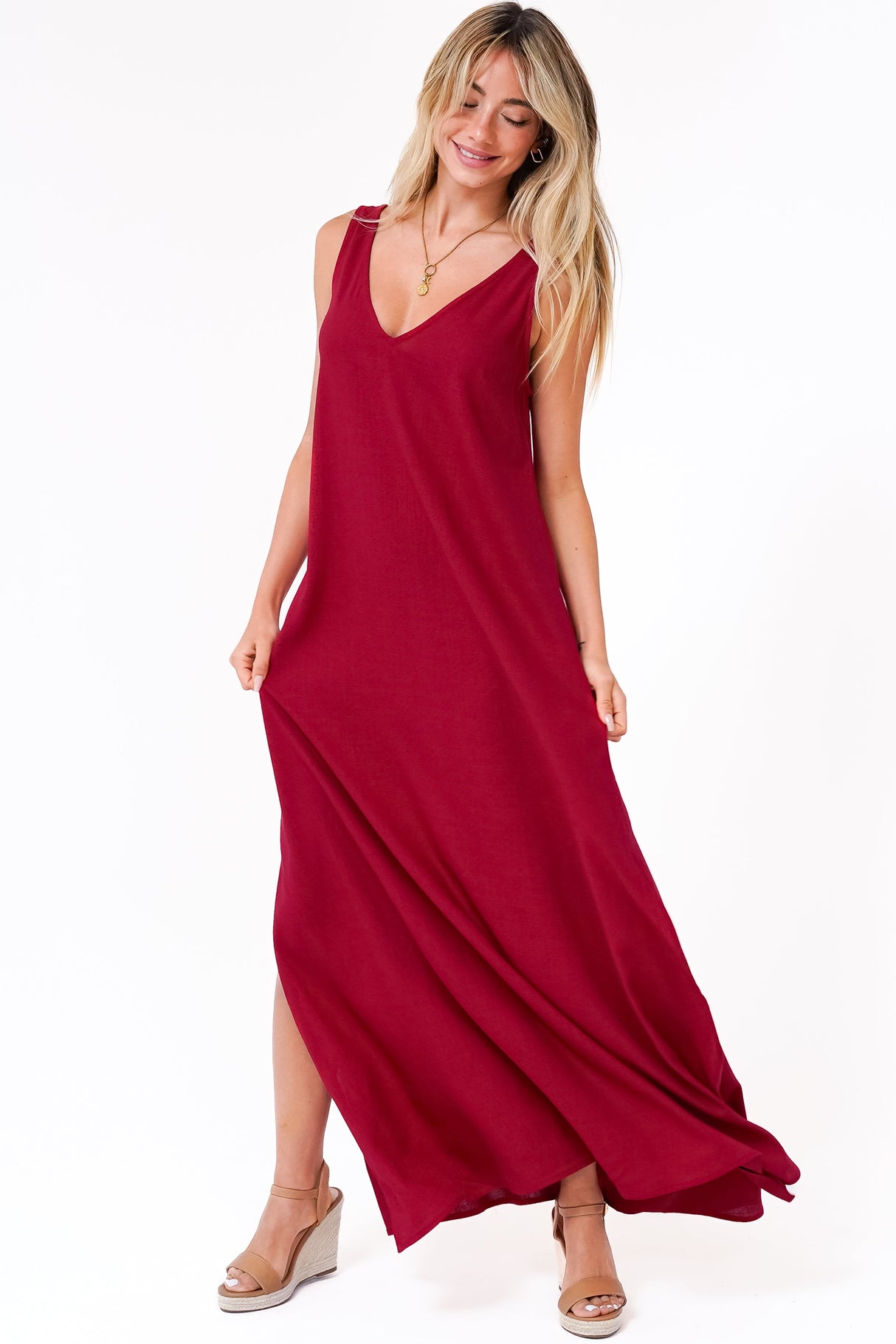 Janeen Maxi Dress - A-Line Sleeveless Dress with Side Splits in Red