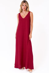 Janeen Maxi Dress - A-Line Sleeveless Dress with Side Splits in Red