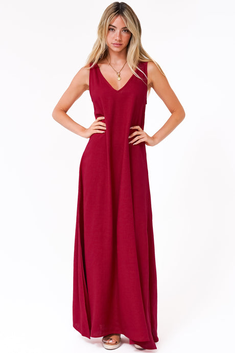 Janeen Maxi Dress - A-Line Sleeveless Dress with Side Splits in Red