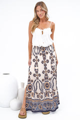 Jenelle Maxi Skirt - High Waisted Drawstring Skirt with Side Split in Tavia Print