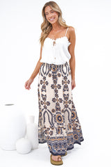 Jenelle Maxi Skirt - High Waisted Drawstring Skirt with Side Split in Tavia Print