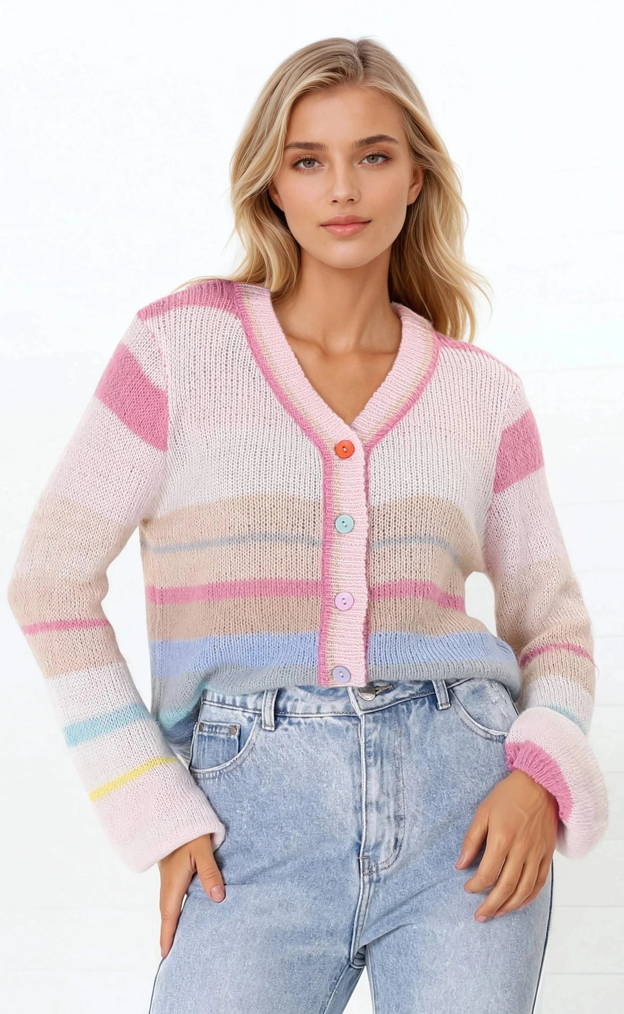 Janice Cardigan - V Neck Buttoned Cardigan in Pink