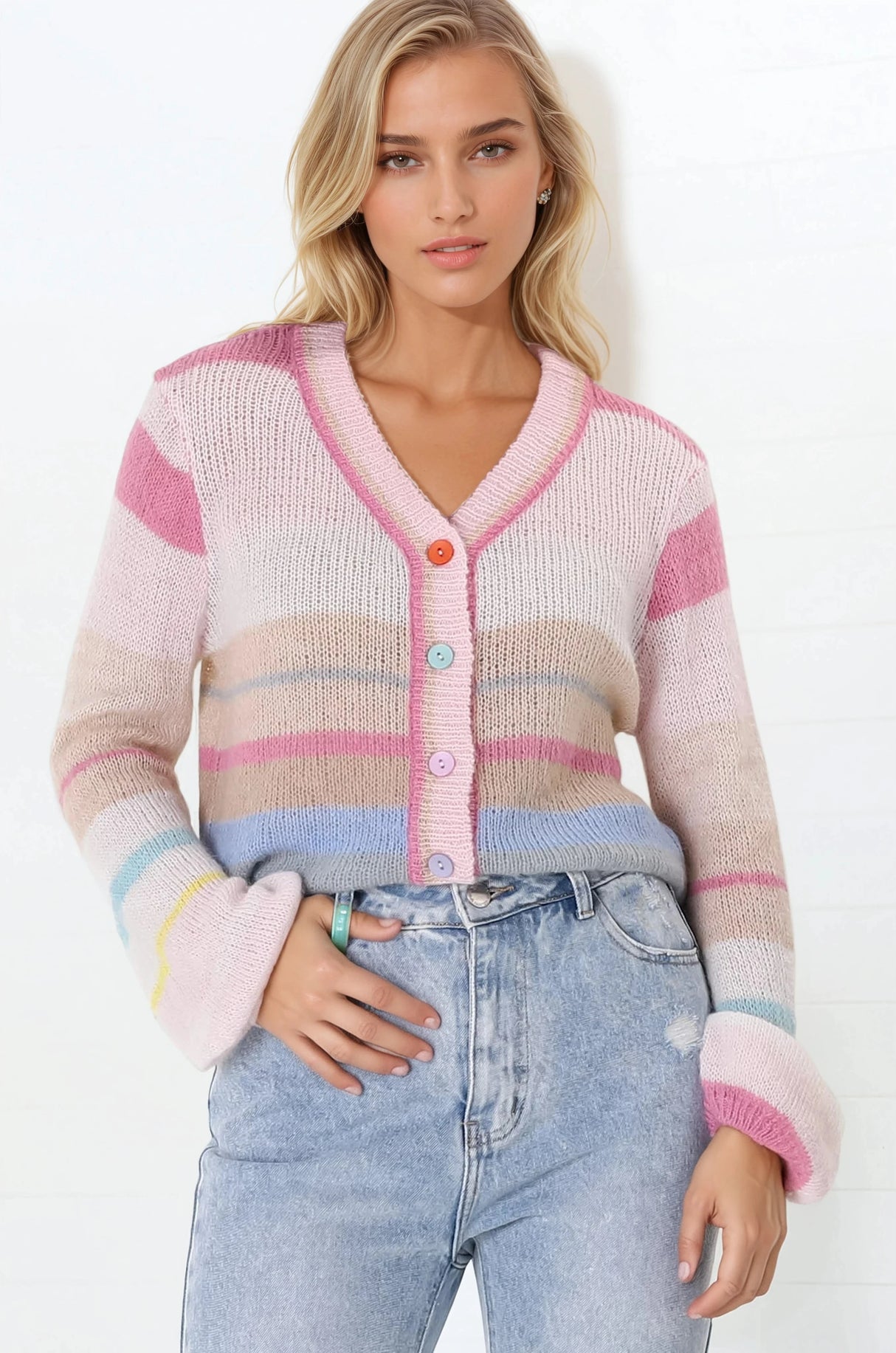 Janice Cardigan - V Neck Buttoned Cardigan in Pink