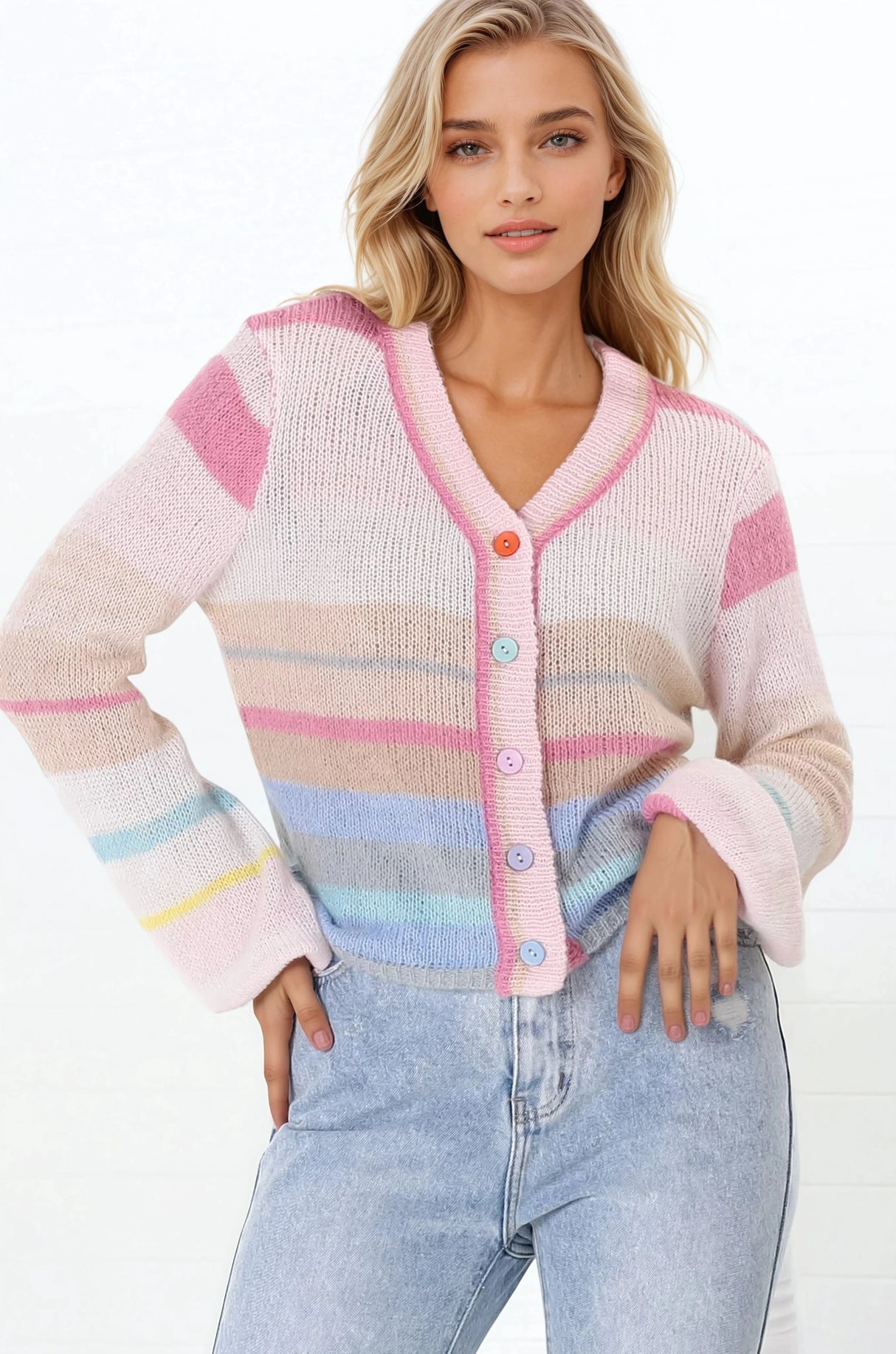 Janice Cardigan - V Neck Buttoned Cardigan in Pink