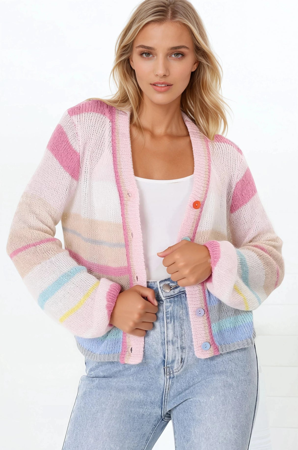 Janice Cardigan - V Neck Buttoned Cardigan in Pink