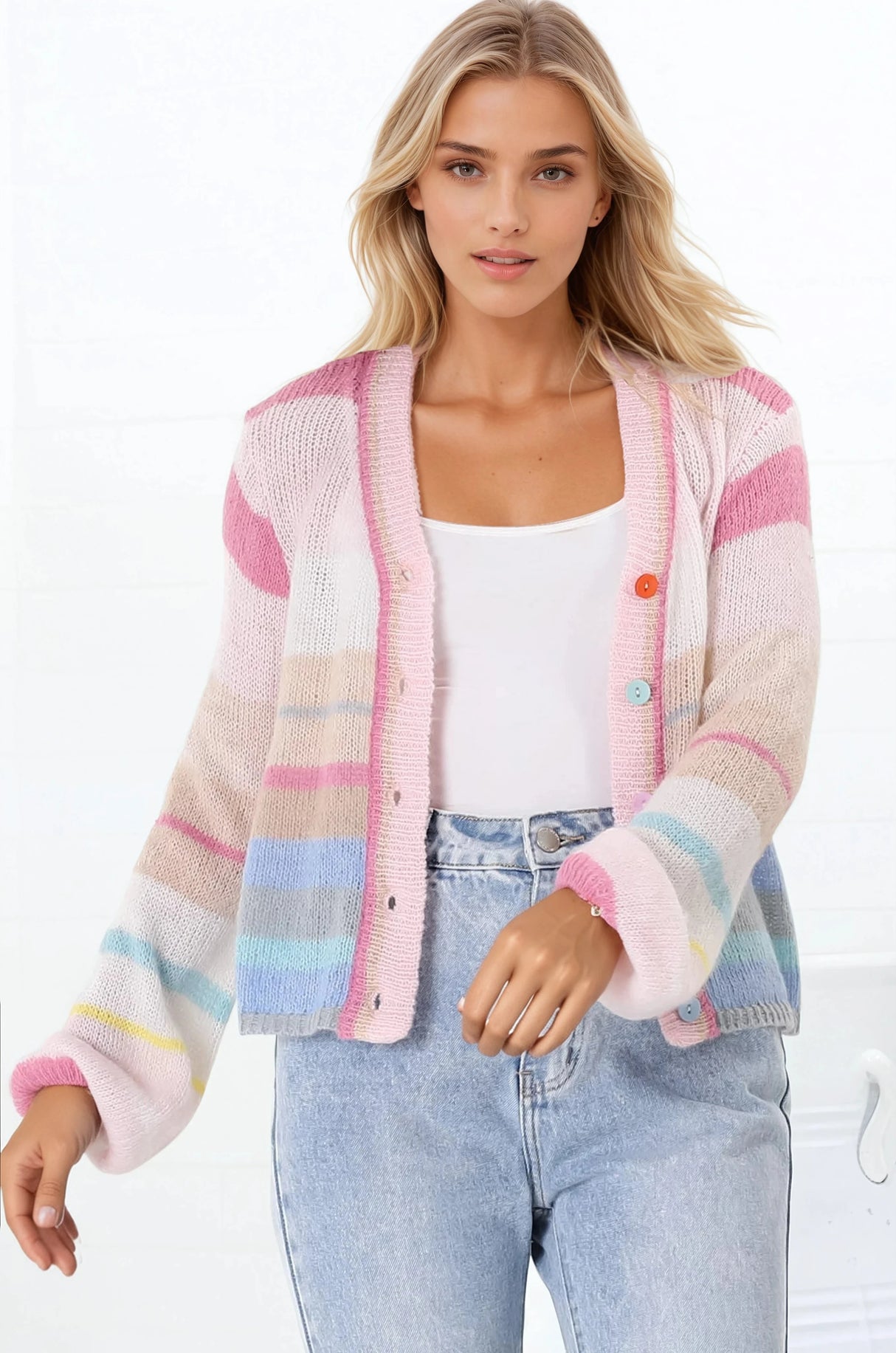 Janice Cardigan - V Neck Buttoned Cardigan in Pink