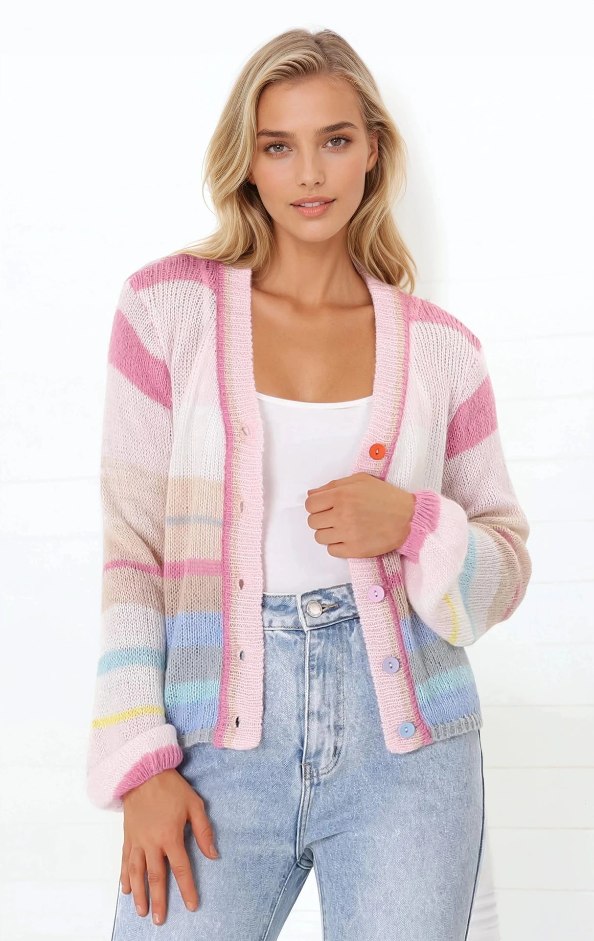 Janice Cardigan - V Neck Buttoned Cardigan in Pink
