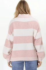Janie Jumper - Mock Neck Striped Jumper with Contrast Stripe Hemlines in Blush
